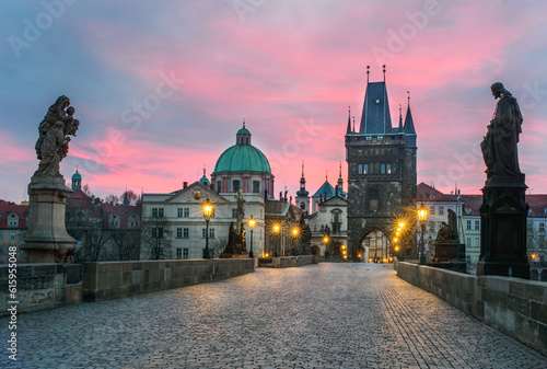 Morning sunrise at Charles bridge in Prague