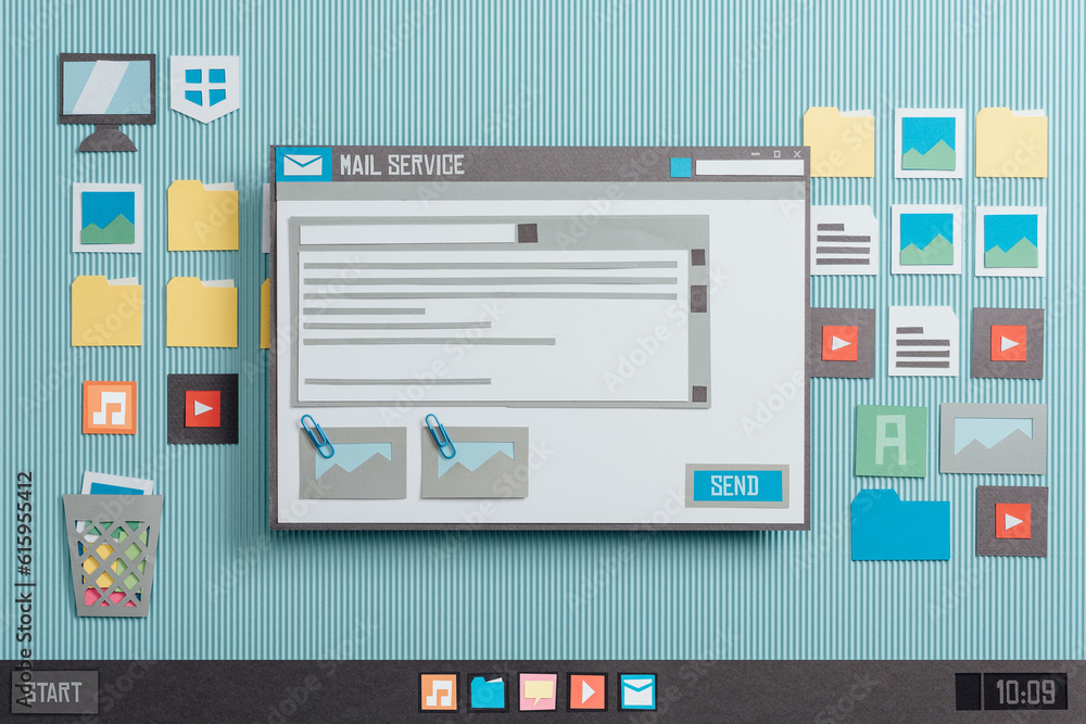 Open mail text with attachments on an e-mail reader window, collage and paper cut composition Open mail text with attachments on an e-mail reader window, collage and paper cut composition