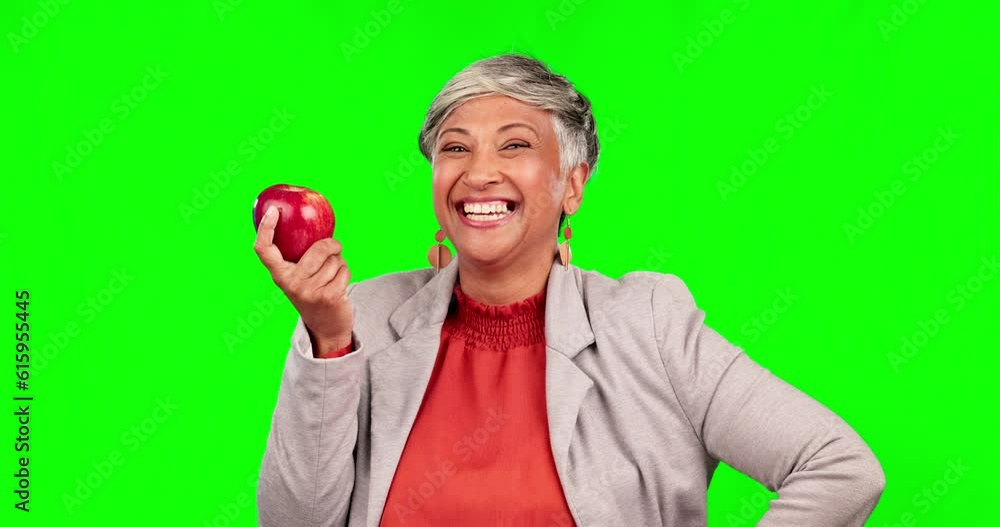 Healthy, business and woman with apple with green screen as manager at company with happiness. Portrait, female professional and vegan, detox, fruit for nutrition with employee and dental care. Healthy, business and woman with apple with green screen as manager at company with happiness. Portrait, female professional and vegan, detox, fruit for nutrition with employee and dental care.