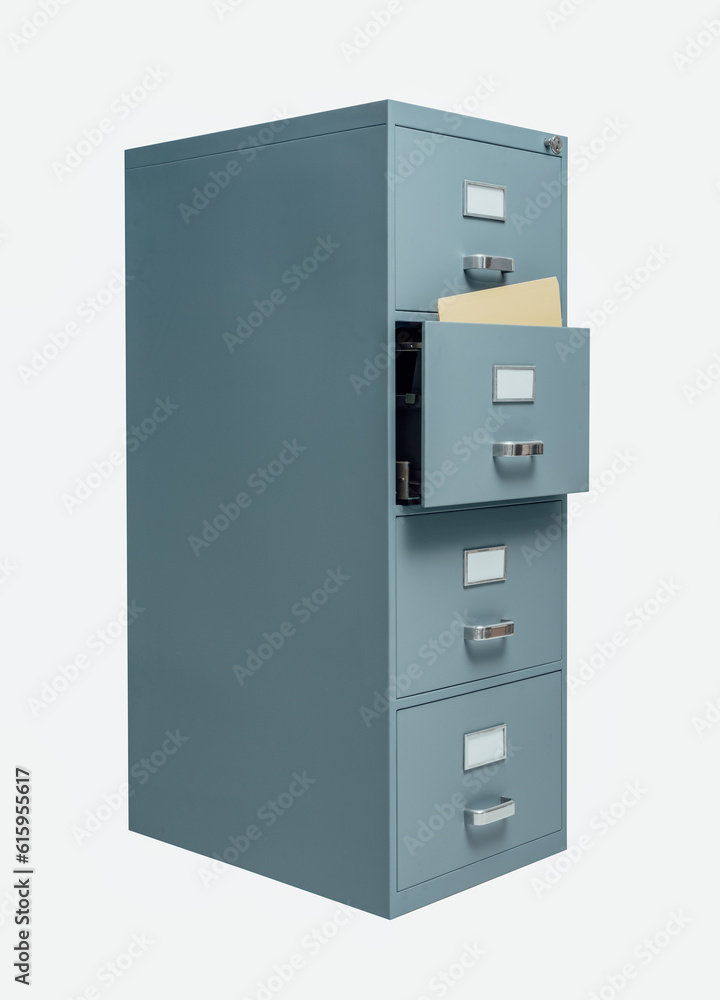 Filing cabinet with open drawer on white background, data storage and administration concept Filing cabinet with open drawer on white background, data storage and administration concept