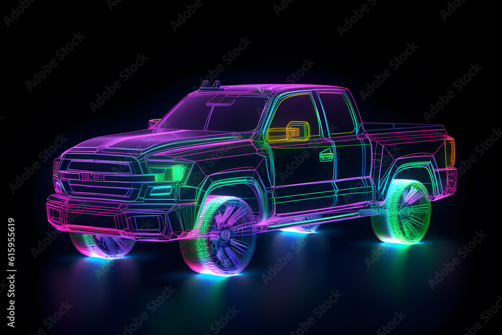 Bright glowing abstract neon sign of a car. Generative AI