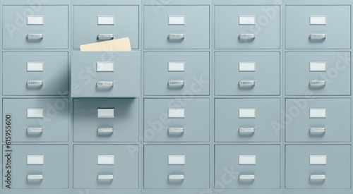 Photos Wall mounted filing cabinets, a drawer with files inside is open, administration
