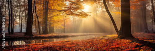 An autumn forest, panoramic poster with copy space - Generative AI