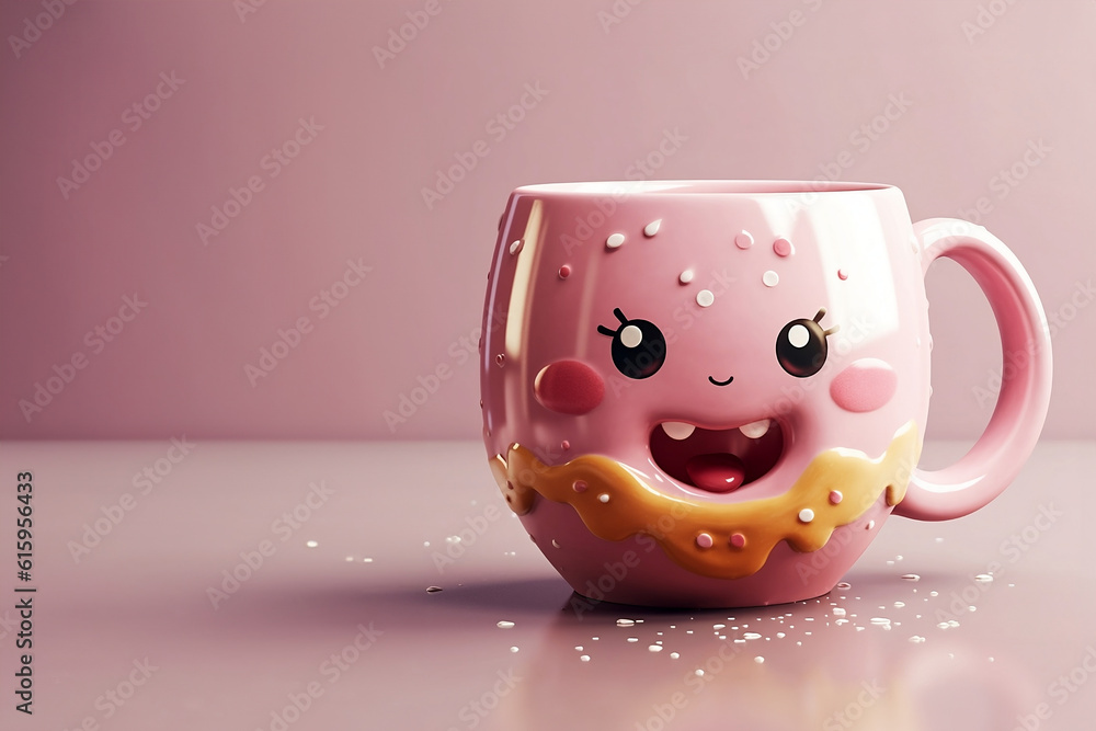 Pink coffee mug with cute happy face in kawaii style, on a table, with pink background, and with copy space. Generative AI.