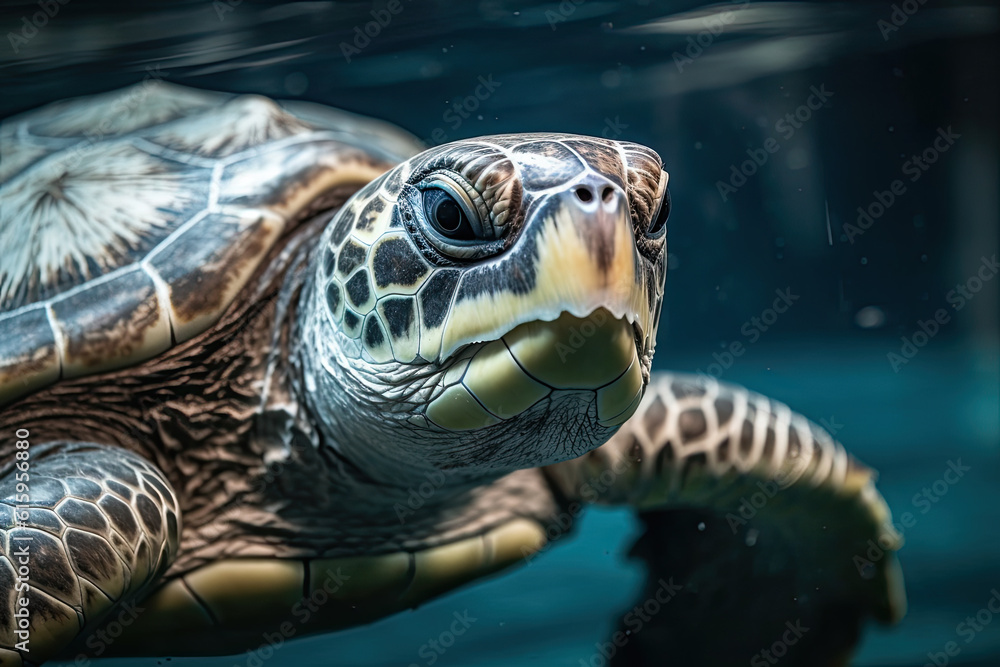 Fototapeta premium a sea turtle swimming in the water with its head tilted to the surface and it's eyes slightly open