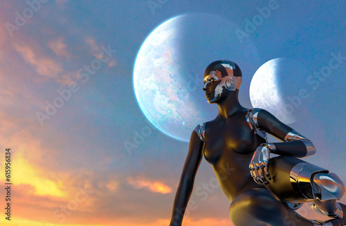 Fototapeta Naklejka Na Ścianę i Meble -  Cyborg Woman - Humanoid looking the sunset - 3D rendering
