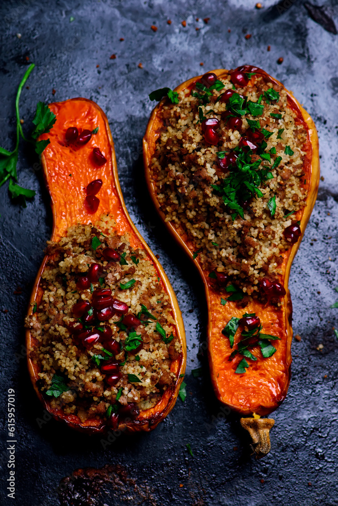 Stuffed pumpkin with couscous and lamb.selective focus
