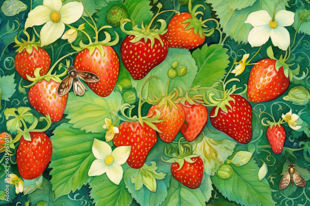 strawberries with leaves and insects Stock Illustration Adobe Stock