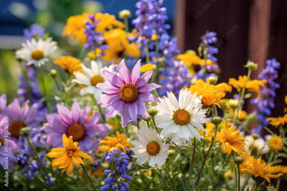Fototapeta premium cluster of sweet flowers purple white and yellow created with Generative AI technology