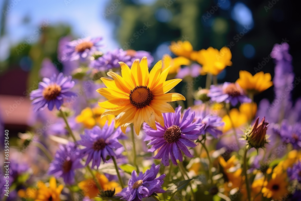cluster of sweet flowers purple white and yellow created with Generative AI technology cluster of sweet flowers purple white and yellow created with Generative AI technology