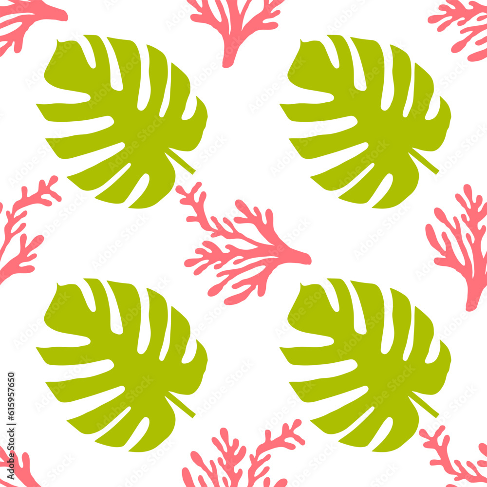 Seamless summer color pattern of abstract shapes.Sea corals and palm leaf. Background design, packaging, fabric. Vector illustration...