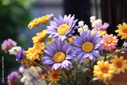 cluster of sweet flowers purple white and yellow created with Generative AI technology