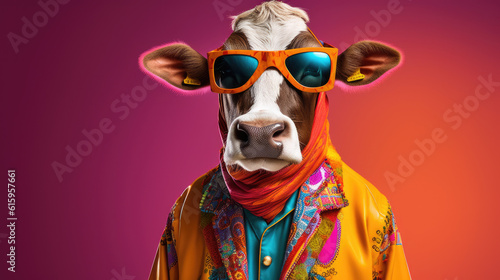 portrait of a cow wearing fashion clothes and sunglasses © Poprock3d