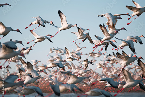 a flock of birds flying in the air with red and white ribbons around their necks as they fly over water