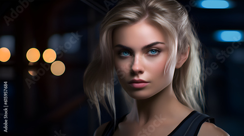 Portrait of a blonde young woman with blue eyes in night city