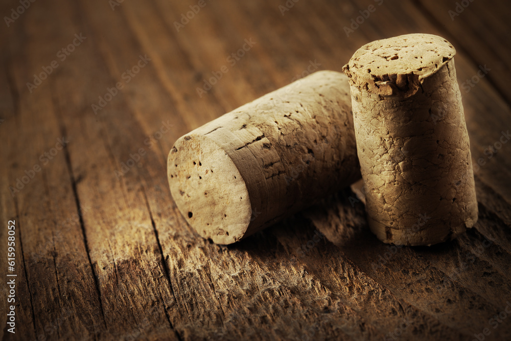 Corks on a wooden table, close up
