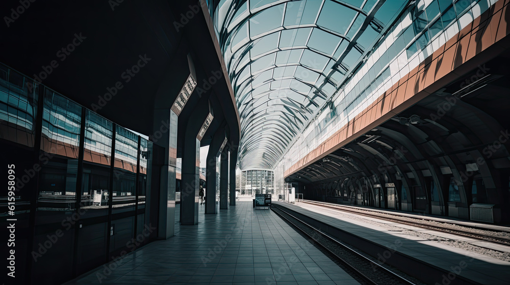 an empty train station with the sun shining through the glass roof and tracks leading up to the platform stock photo an empty train station with the sun shining through the glass roof and tracks leading up to the platform stock photo