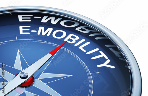 3D rendering of an compass with the word e-mobility