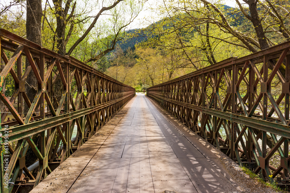 A metallic bridge across a mountain river at Evrytania, Greece A metallic bridge across a mountain river at Evrytania, Greece