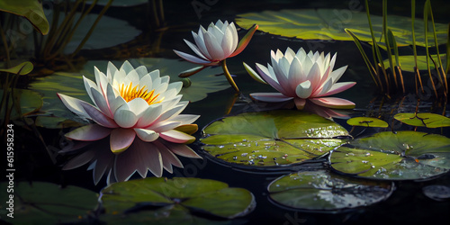 Flowers of white water lilies in the pond. Generative AI