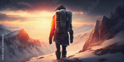 Tourist or climber with a backpack behind his shoulders, stands in the winter snowy mountains and looks at the sunset, rear view. Generative AI photo