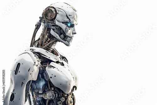 The face of a humanoid robot on an isolated background and close-up. Generative AI © Tatiana