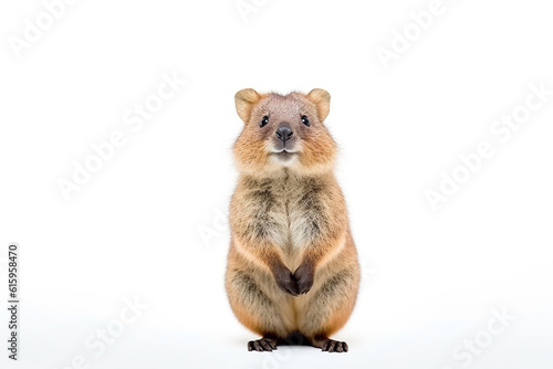 A friendly quokka sitting on its hind legs on white background. Generative AI.