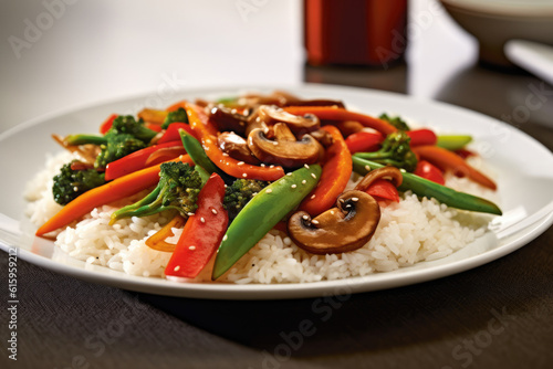 stir fried chicken with vegetables over rice