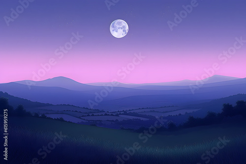 A tranquil moonrise over a peaceful valley  with soft shades of lavender and midnight blue in the night sky
