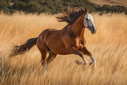 a horse running through the tall brown grass in an open field with trees and mountains in the photo is clear