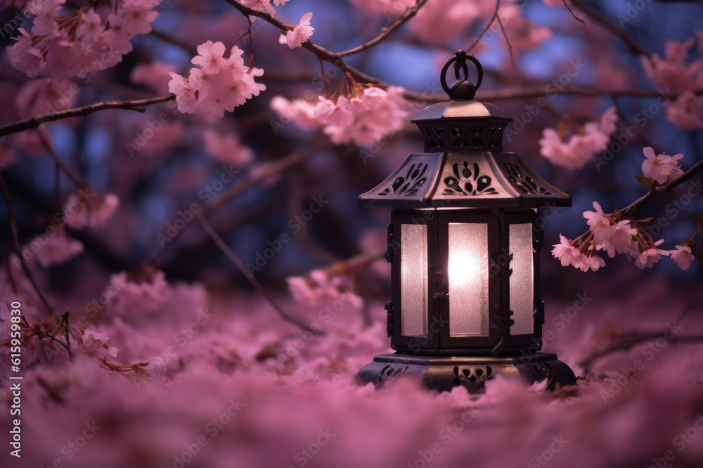lantern in cherry blossom garden created with Generative AI technology lantern in cherry blossom garden created with Generative AI technology