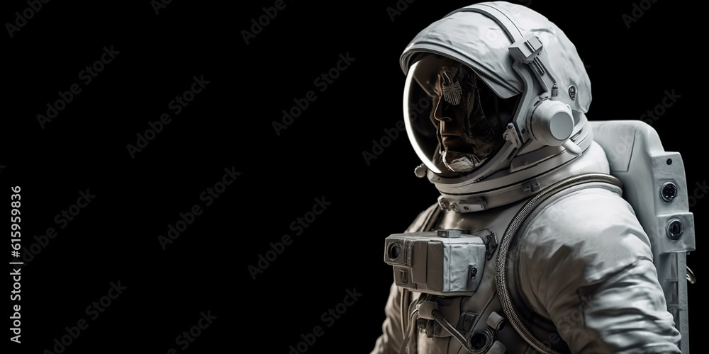 Cosmonaut or astronaut in a spacesuit, close-up and on an isolated black background. Generative AI