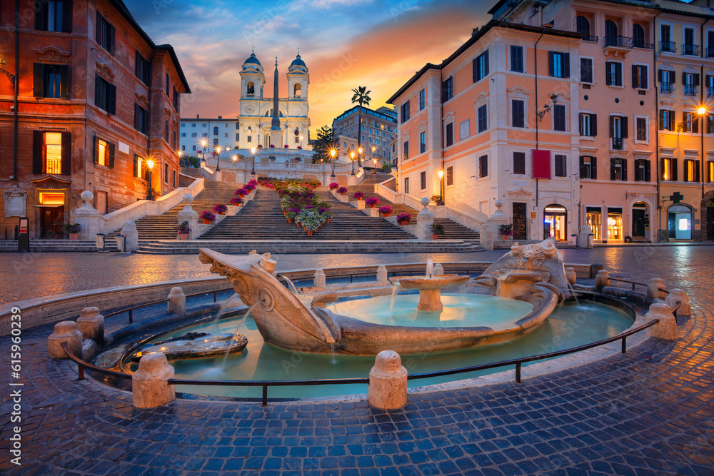 Cityscape image of Spanish Steps in Rome, Italy during sunrise.