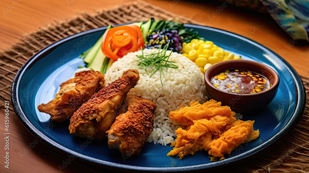 a plate of food with rice, carrots and other foods on the table next to it is a bowl of sauce a plate of food with rice, carrots and other foods on the table next to it is a bowl of sauce