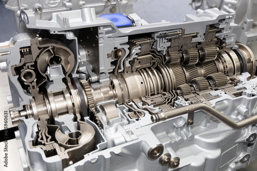 Cross section of a car gearbox. Educational exhibit. Gears, disks and teeth Cross section of a car gearbox. Educational exhibit. Gears, disks and teeth