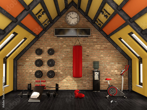 Home gym in the mansard with training equipment - 3d rendering