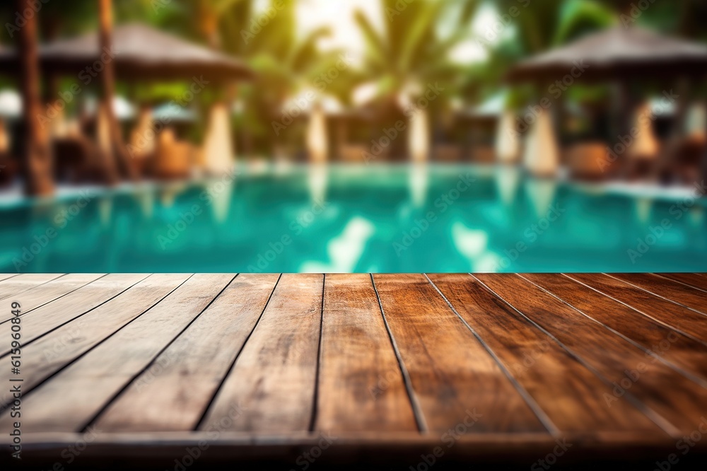 Wooden deck in front of pool resort with blurred background with copy space