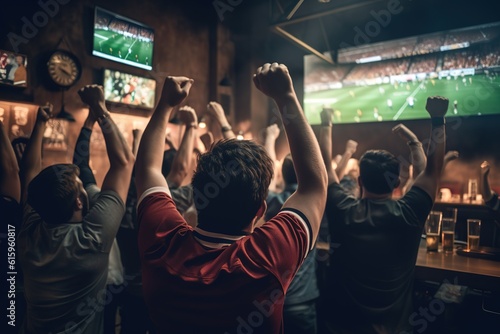 Euphoric soccer fans watching live game in pub