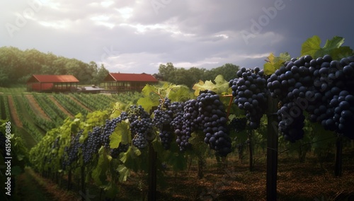 Massive production of black moon grapes in vineyard