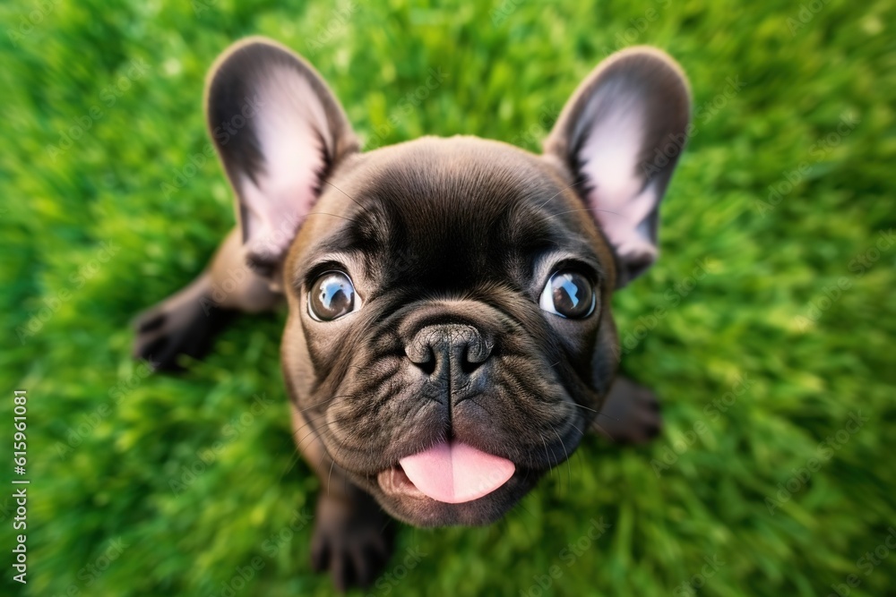 Adorable French bulldog puppy high angle view portrait on green grass