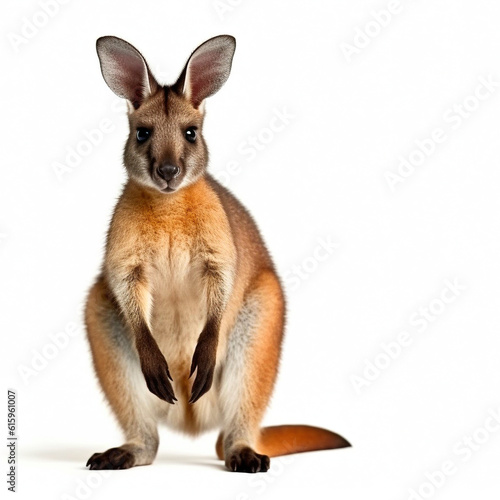 A small kangaroo standing on its hind legs. Generative AI. Friendly vallaby.