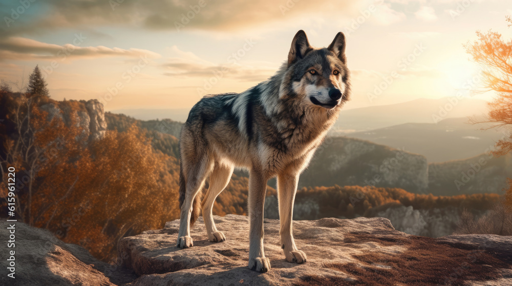 A huge wolf standing on a rocky mountain at sunset A huge wolf standing on a rocky mountain at sunset