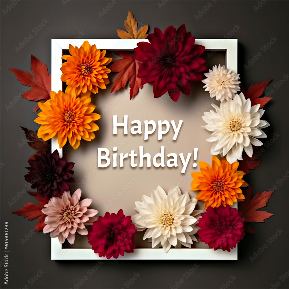 A picture frame surrounded by fall leaves and Autumn flowers on black background. Greeting text Happy Birthday. A picture frame surrounded by fall leaves and Autumn flowers on black background. Greeting text Happy Birthday.