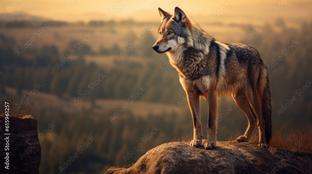 A huge wolf standing on a rocky mountain at sunset A huge wolf standing on a rocky mountain at sunset