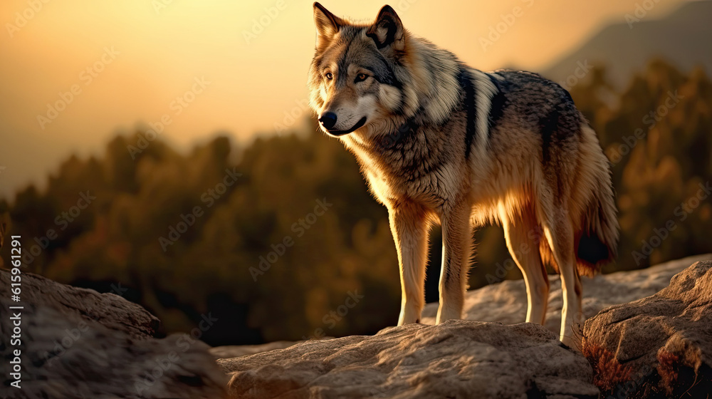 A huge wolf standing on a rocky mountain at sunset A huge wolf standing on a rocky mountain at sunset
