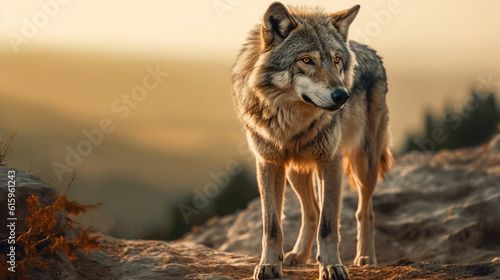 A huge wolf standing on a rocky mountain at sunset