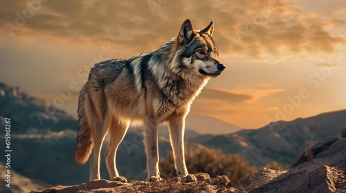 A huge wolf standing on a rocky mountain at sunset