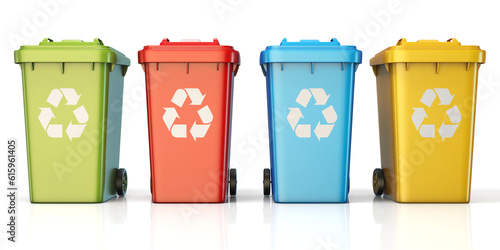 Containers for recycling waste sorting plastic, glass, metal, paper front view 3D render illustration isolated on white background