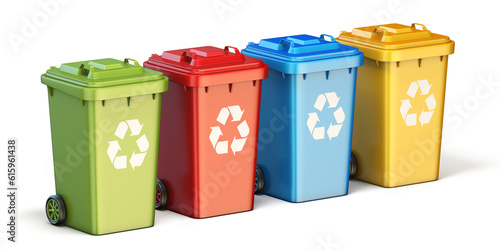 Containers for recycling waste sorting plastic, glass, metal, paper side view 3D render illustration isolated on white background