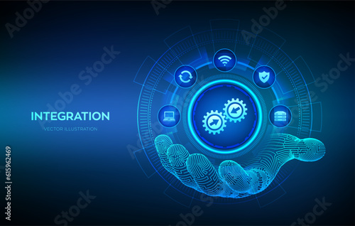 Fototapeta Naklejka Na Ścianę i Meble -  Integration data system. System Integration technology concept in wireframe hand. Industrial and smart technology. Business and automation solutions. Vector illustration.